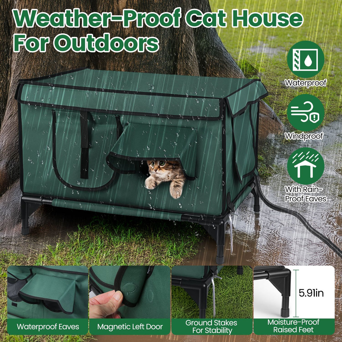 Outdoor Waterproof Heated Cat House with Insulated Shelter, 2 Doors & 3 Windows, Weatherproof Feral Cat Shelter - Green