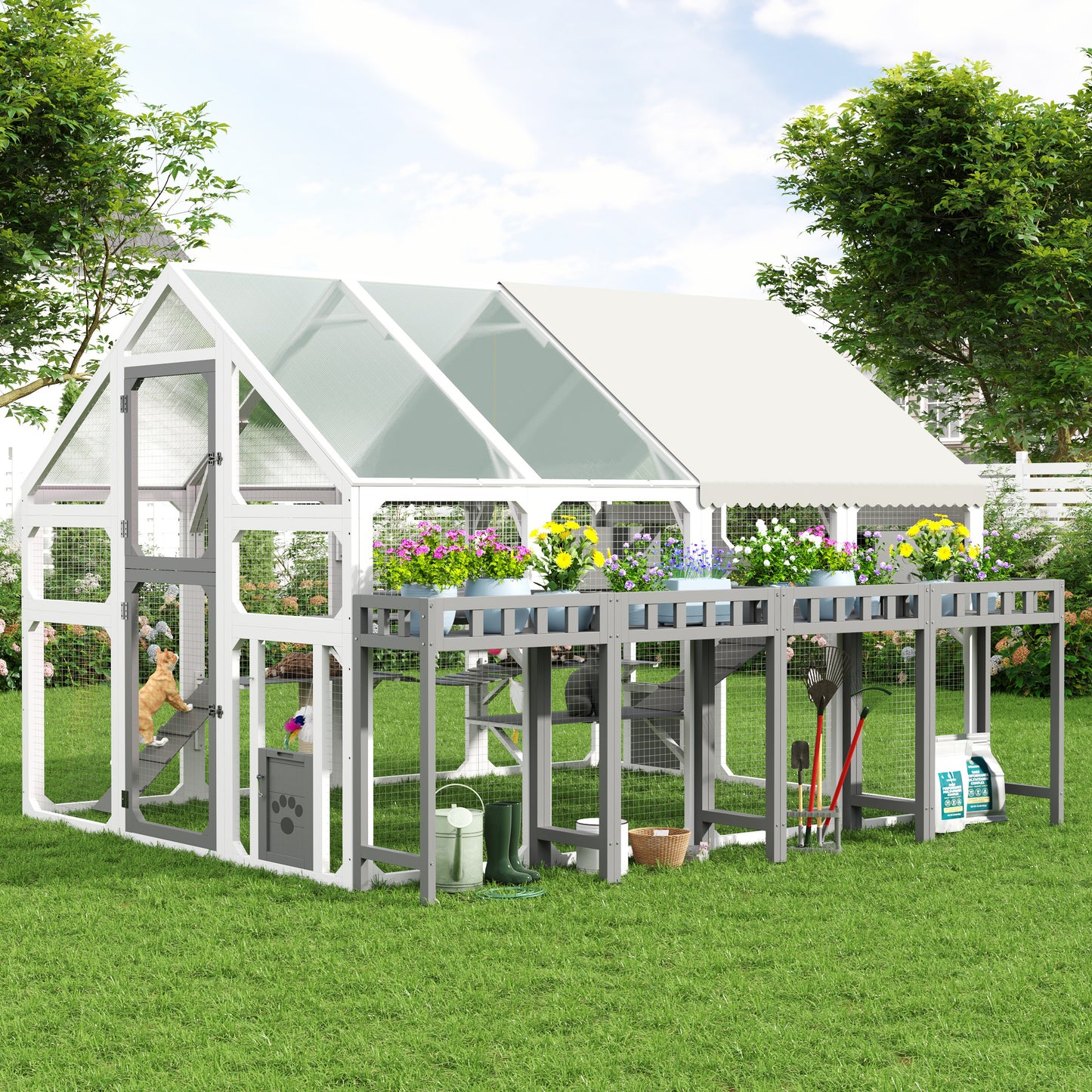 Large Outdoor Cat House With Planter Stand, Wooden Enclosure Resting