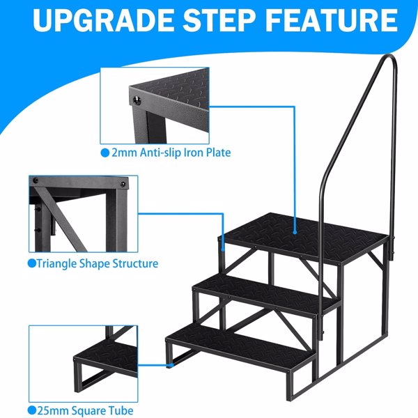 3-Step RV Ladder Stool with Handrail - Heavy Duty, Black