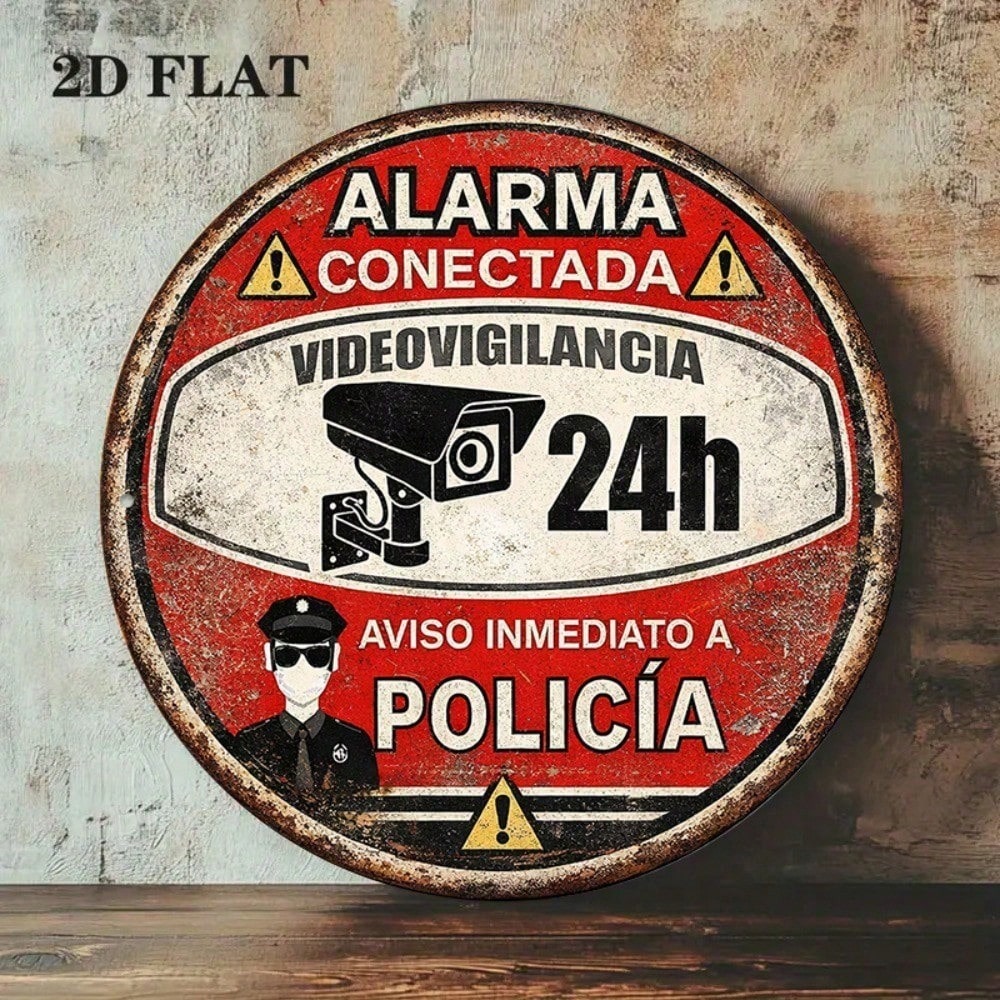 Vintage Spanish 24-Hour Video Surveillance Alarm Sign - Tin