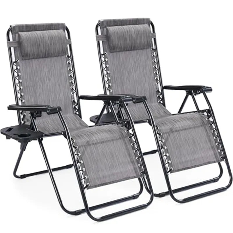 Set of 2 Folding Reclining Lounge Chairs with Cup Holder & Pillow