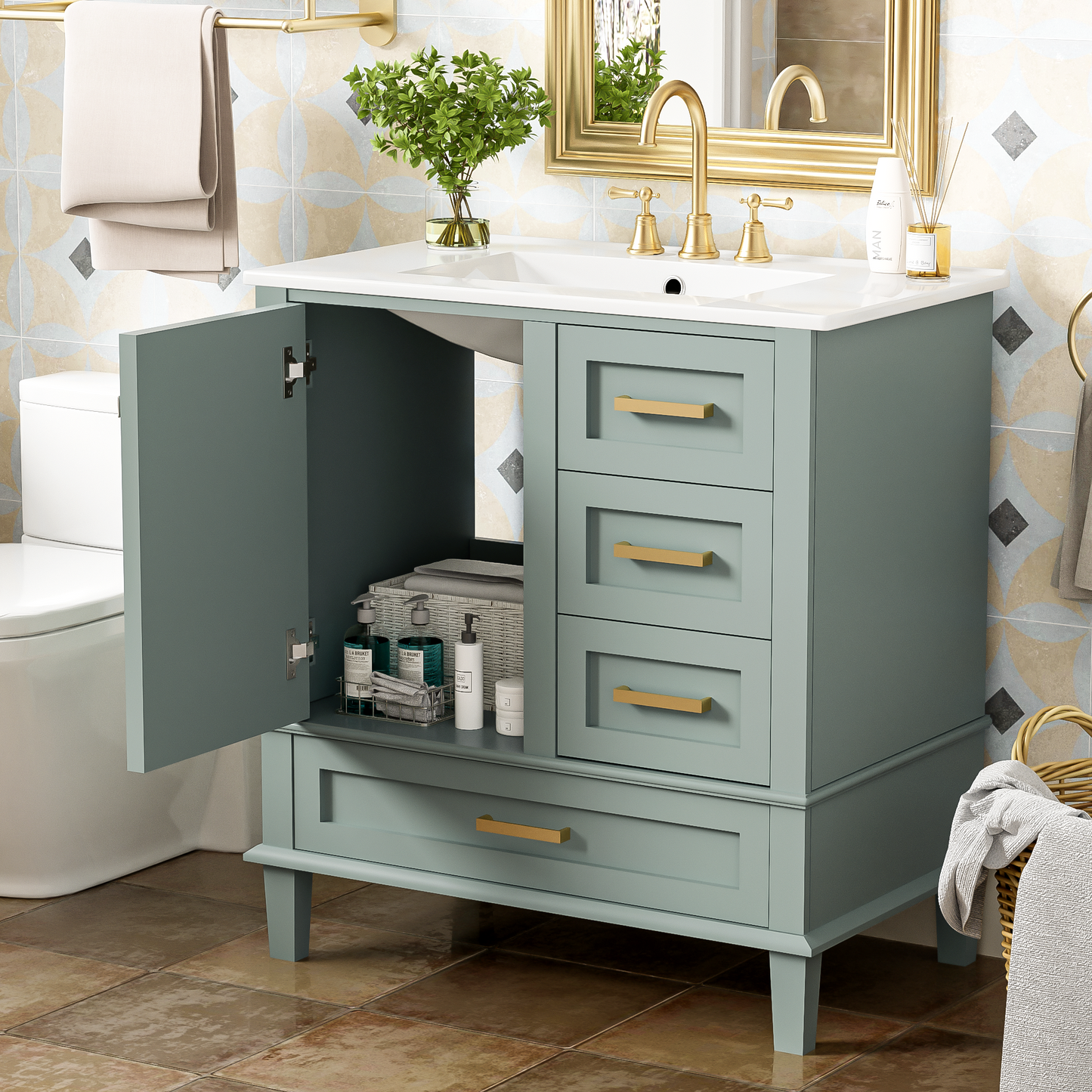 30-Inch Modern Bathroom Vanity Set with Sink & 3 Drawers - Sage Green