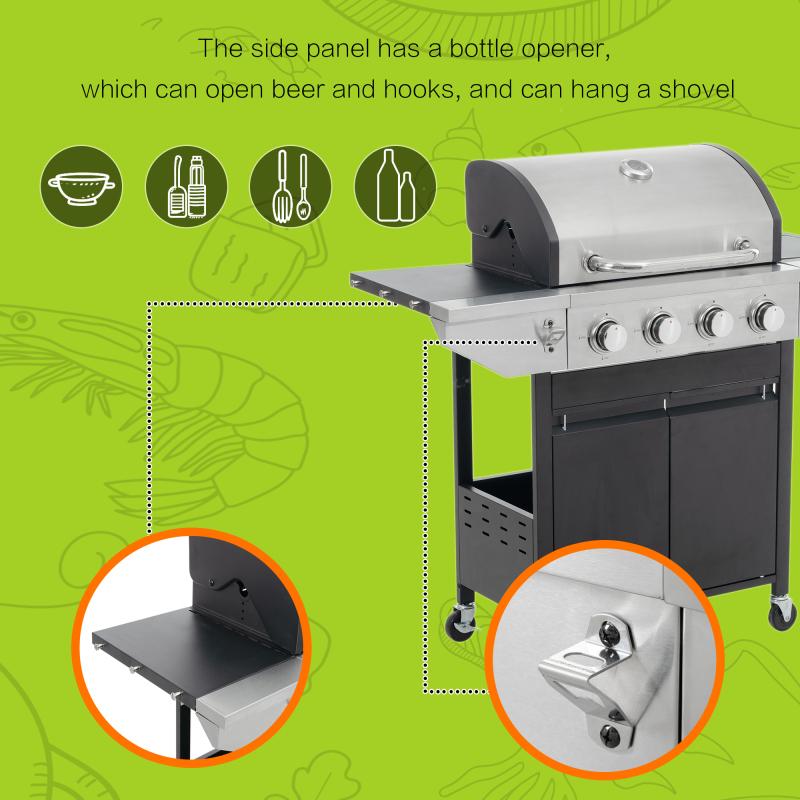 Stainless Steel Propane Gas Grill with Side Burners - Black
