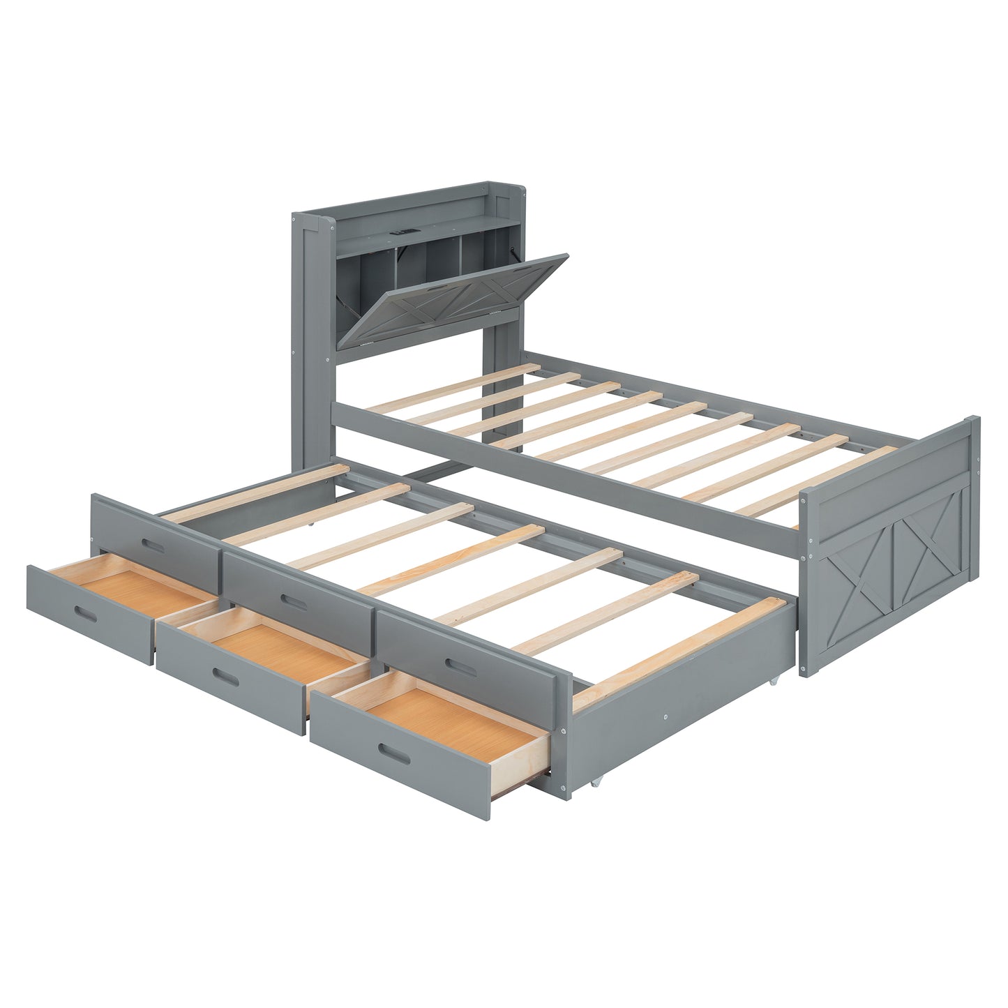 Twin Size Wooden Bed With Storage Headboard Outlets, Extendable