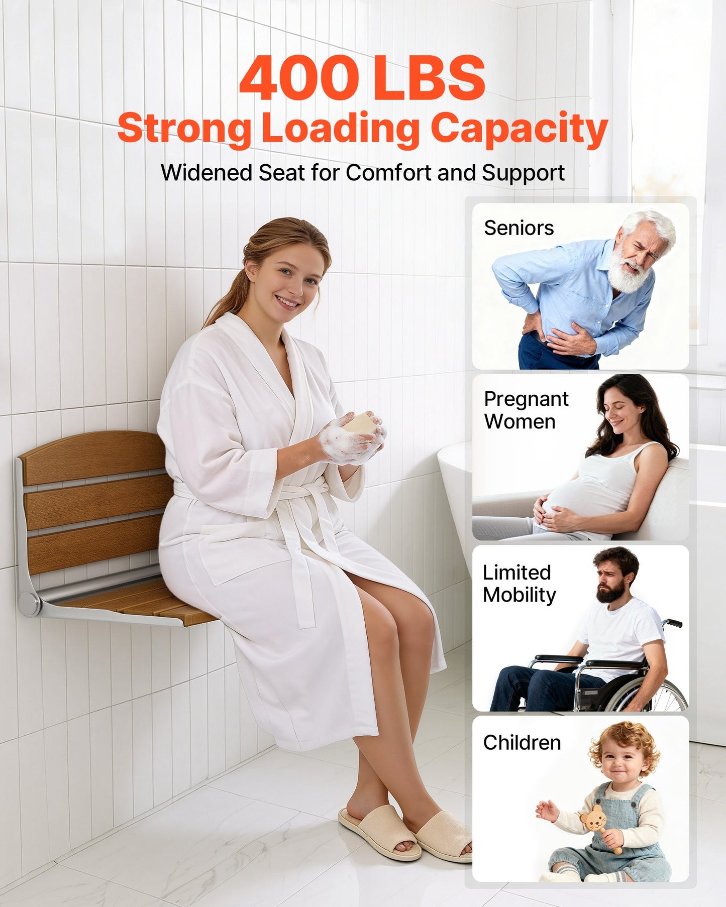 Foldable Wall-Mounted Shower Seat with Backrest, Supports 400LBS, Black