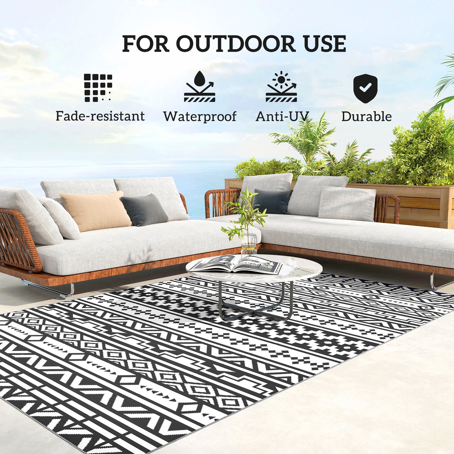 Reversible Outdoor Rug - Waterproof Black & White Geometric, 6x9
