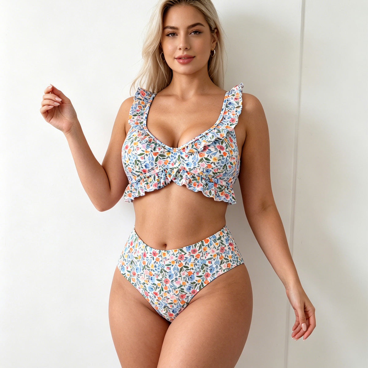 Ditsy Floral Ruffle Bikini Set - V-Neck Top & High Waist Bottom