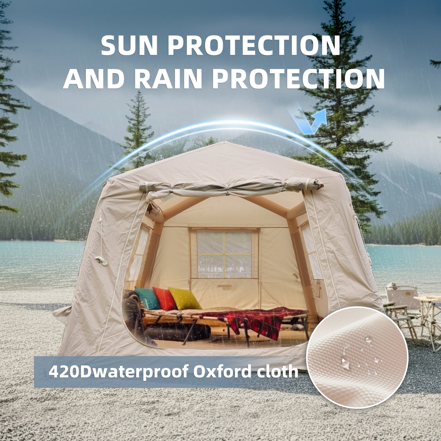 Inflatable Camping Tent for 8-10 People - Beige, Waterproof, Easy Setup
