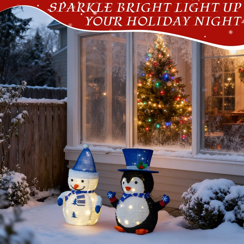 Set of 2 Lighted Plush Penguin and Snowman Christmas Decorations