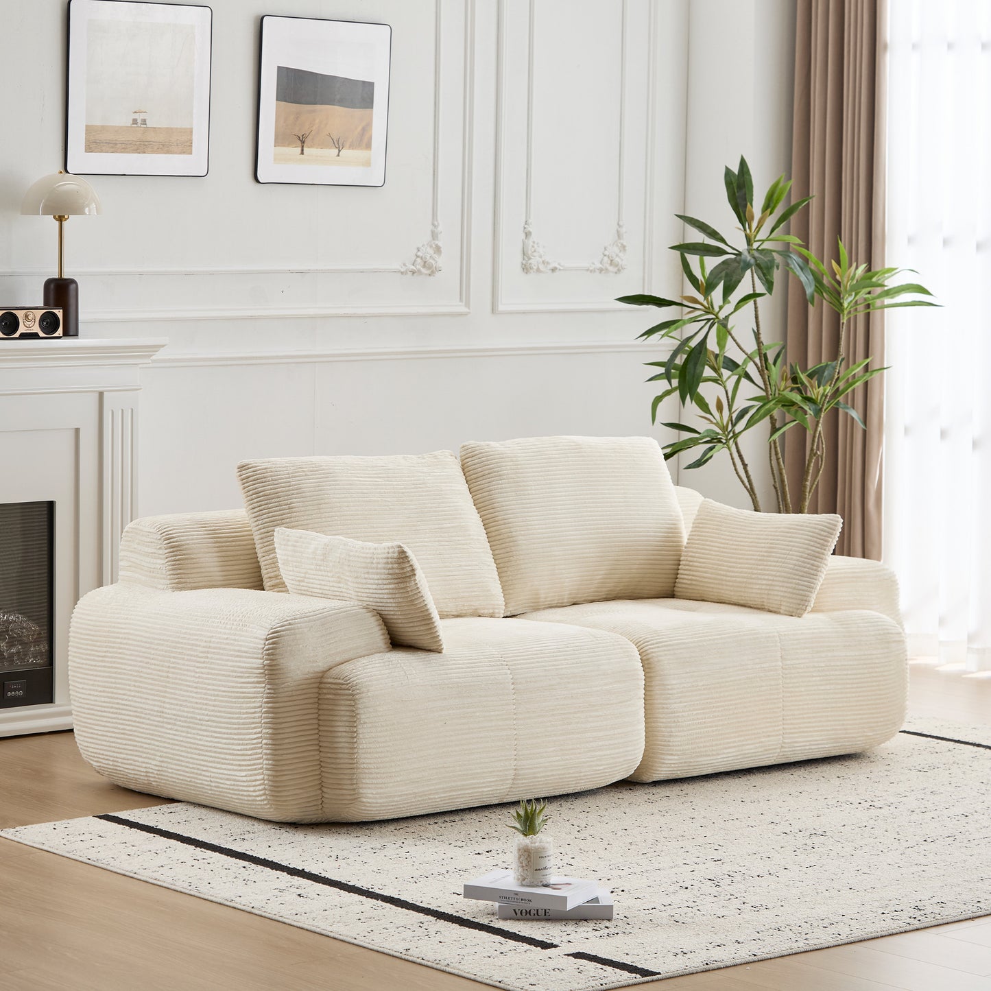 Memory Foam 2-Seater Sectional Sofa - Beige Corduroy