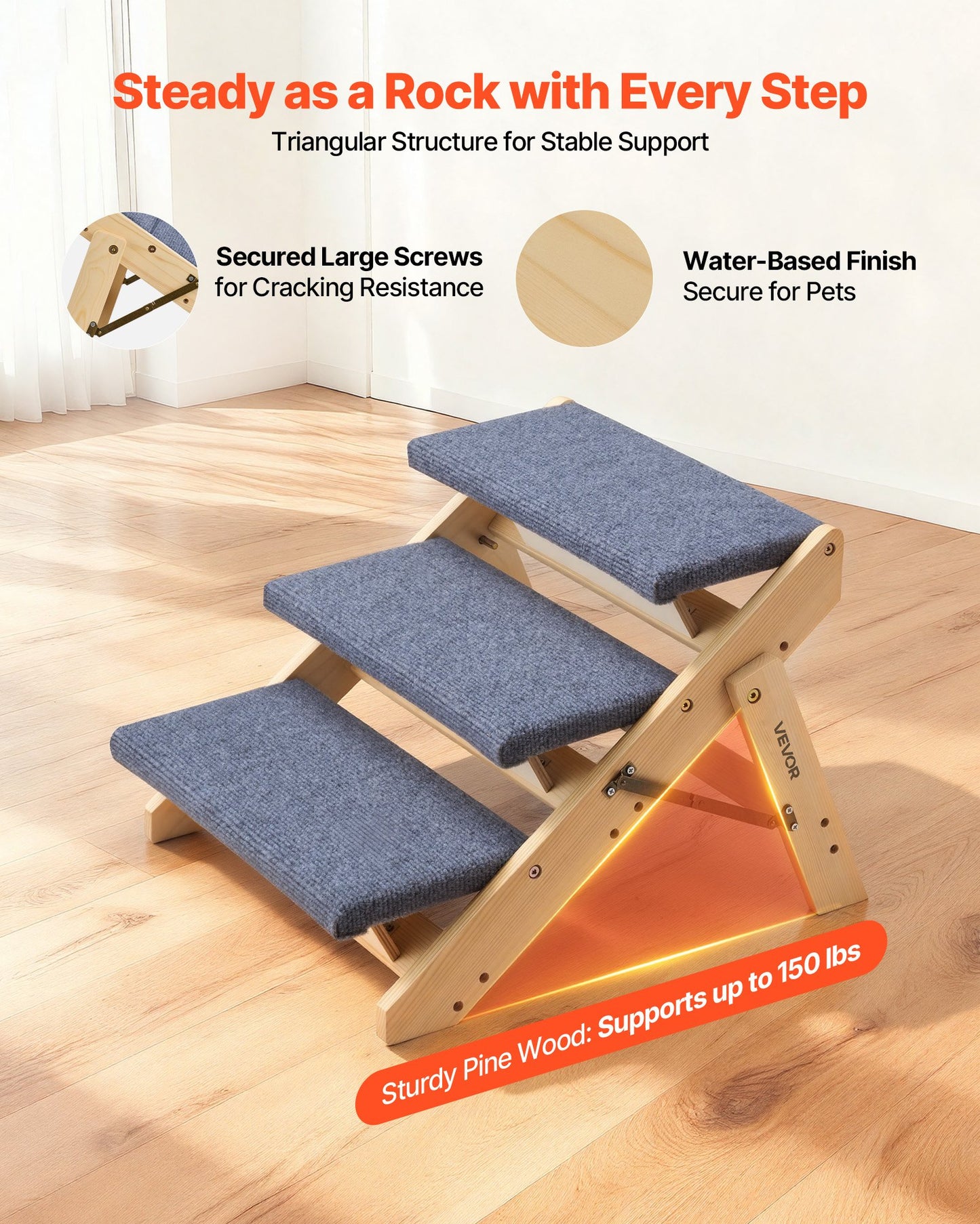 Wood Pet Stairs for Dogs and Cats - 3-Step Foldable Pet Ladder with Non-Slip Surface