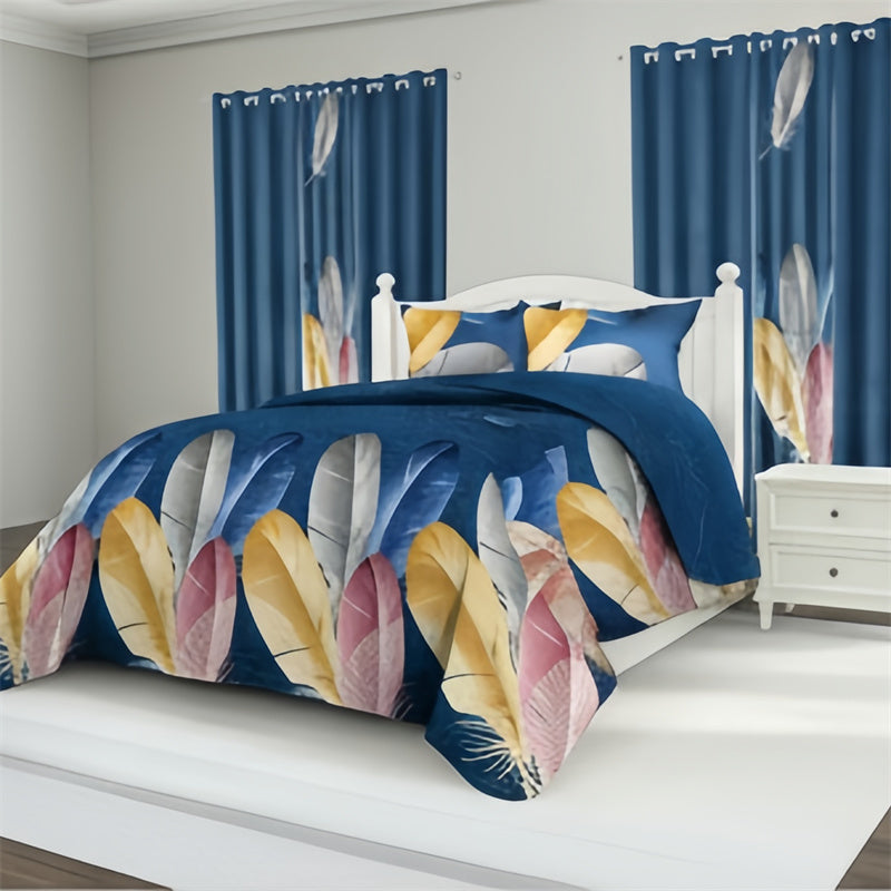 9-Piece Boho Feather Quilt and Curtain Set - Customizable Panels