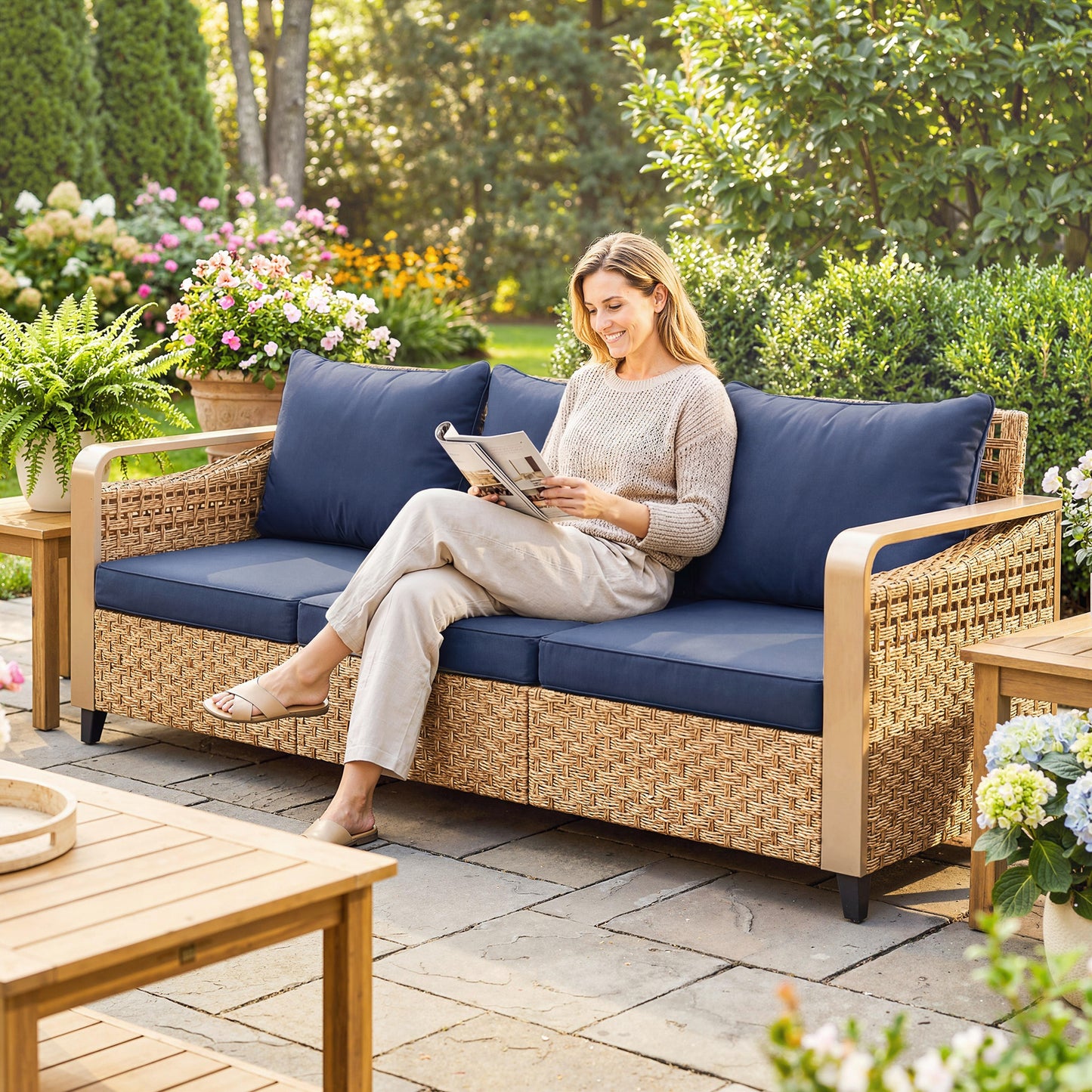 Outdoor Rattan Wicker Sofa 3-Seater with Cushions - Dark Blue
