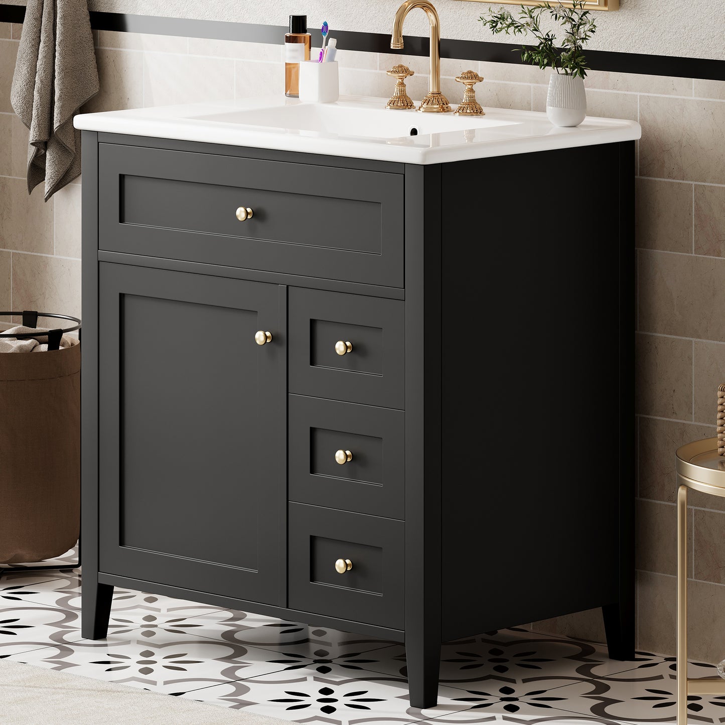 30-Inch Black Bathroom Vanity with Sink and 3 Drawers
