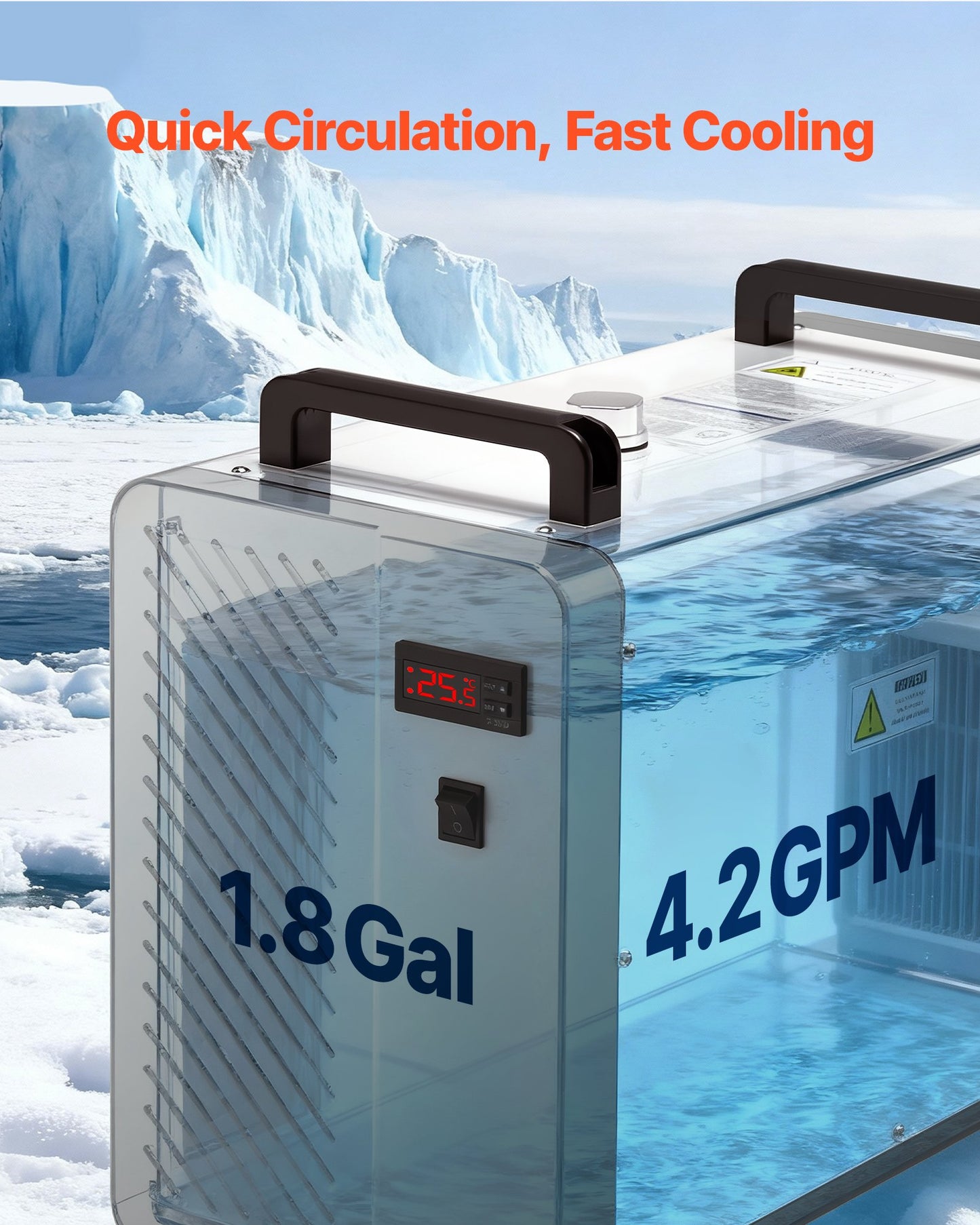 Industrial Water Chiller for Laser Engraving & CNC Machines - 5460 BTU/h, 4.2 GPM, 1.8 Gal Tank, Black