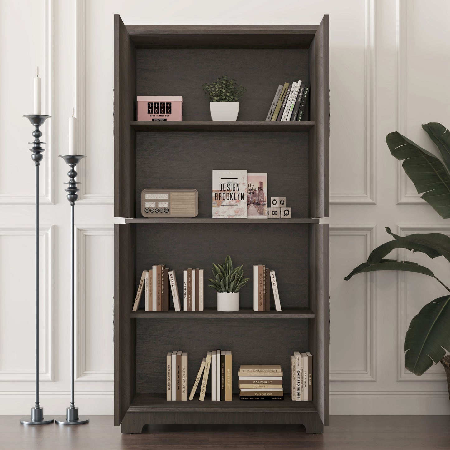 Display Sideboard Buffet With 4 Acrylic Mirrored Doors, Adjustable