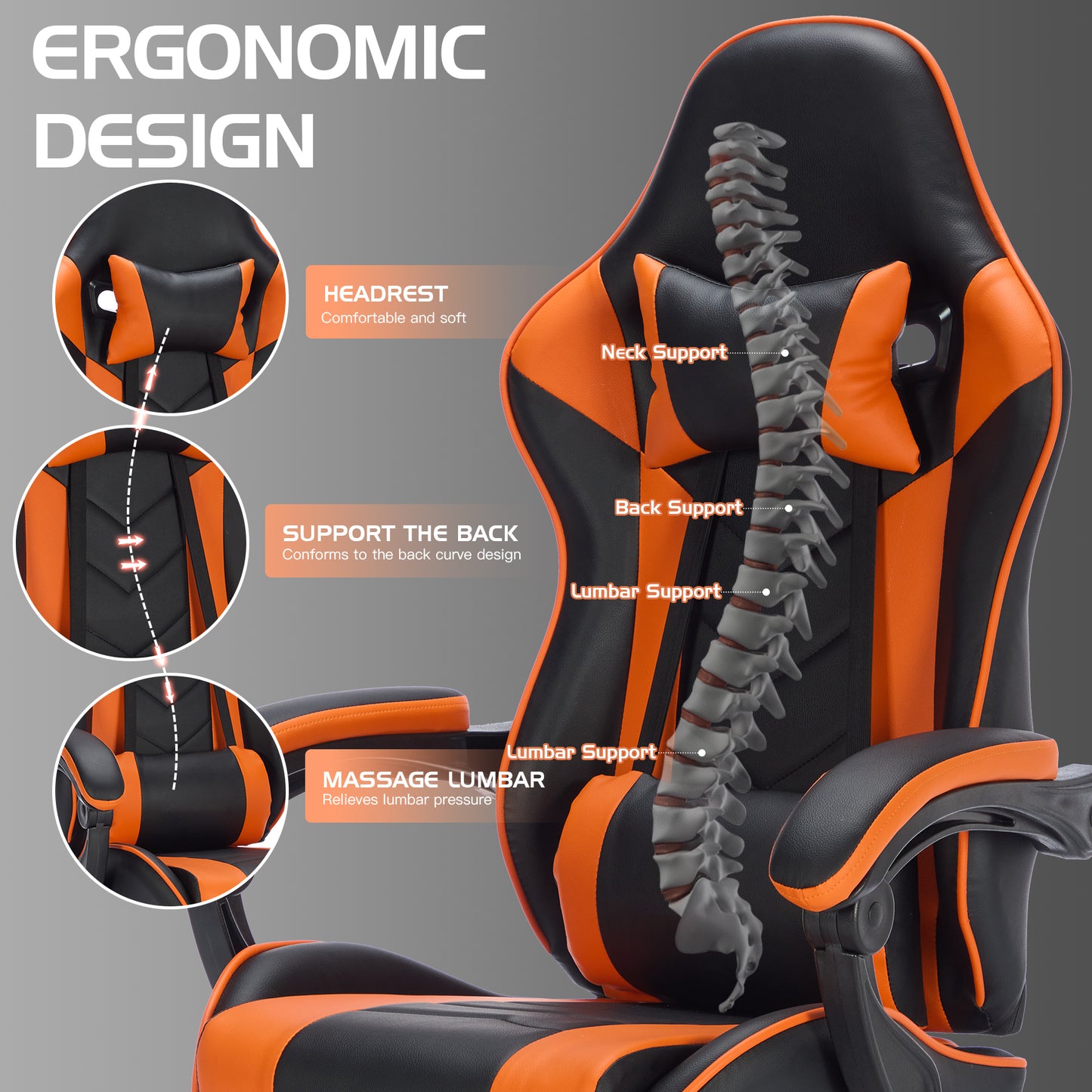 Ergonomic Gaming Chair with Footrest & Lumbar Support - Black Orange