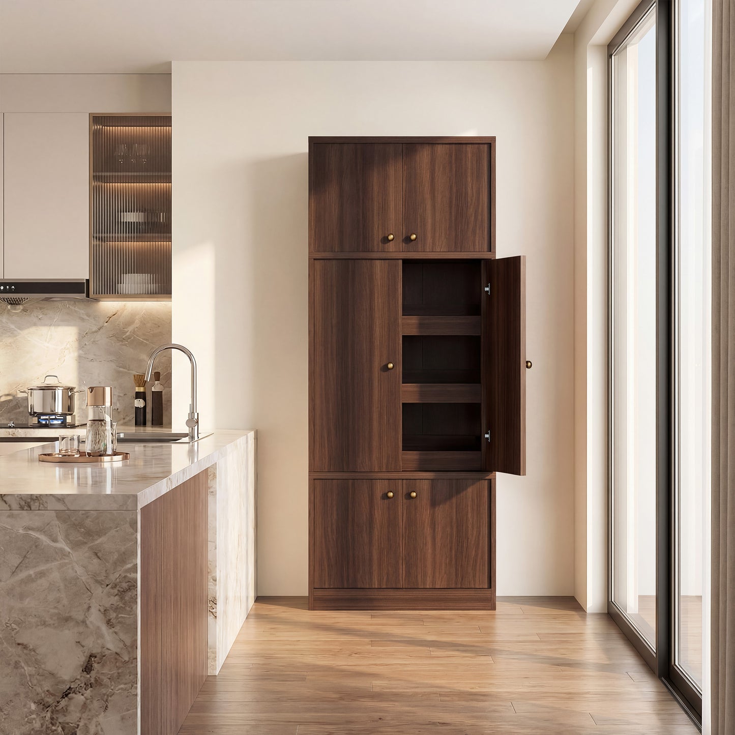 Tall Kitchen Pantry Cabinet - 71 Inch Freestanding Storage with Adjustable Shelves, Walnut Finish