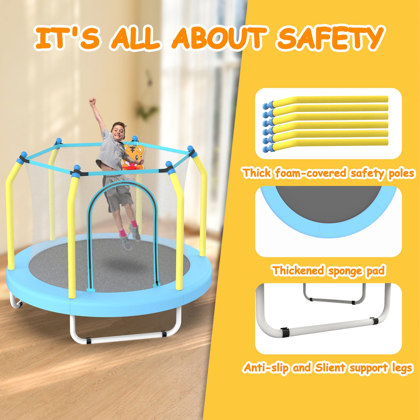 55-Inch Kids Trampoline with Basketball Hoop - Blue