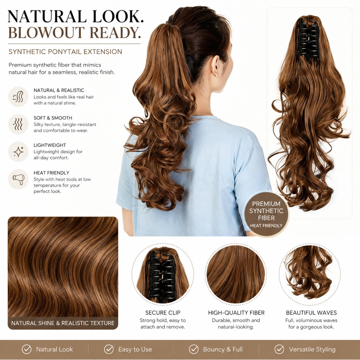 22-Inch Wavy Curly Clip-In Ponytail Extension - Synthetic Hairpiece