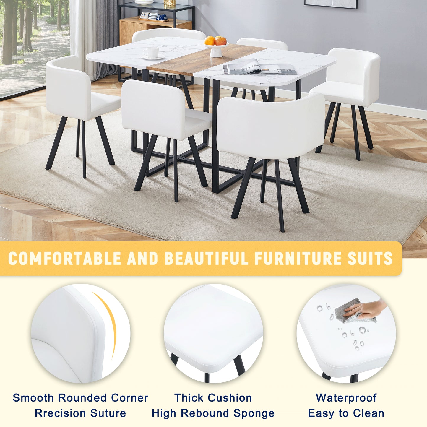 Modern White PU Material Dining Chair Set - 6 Chairs