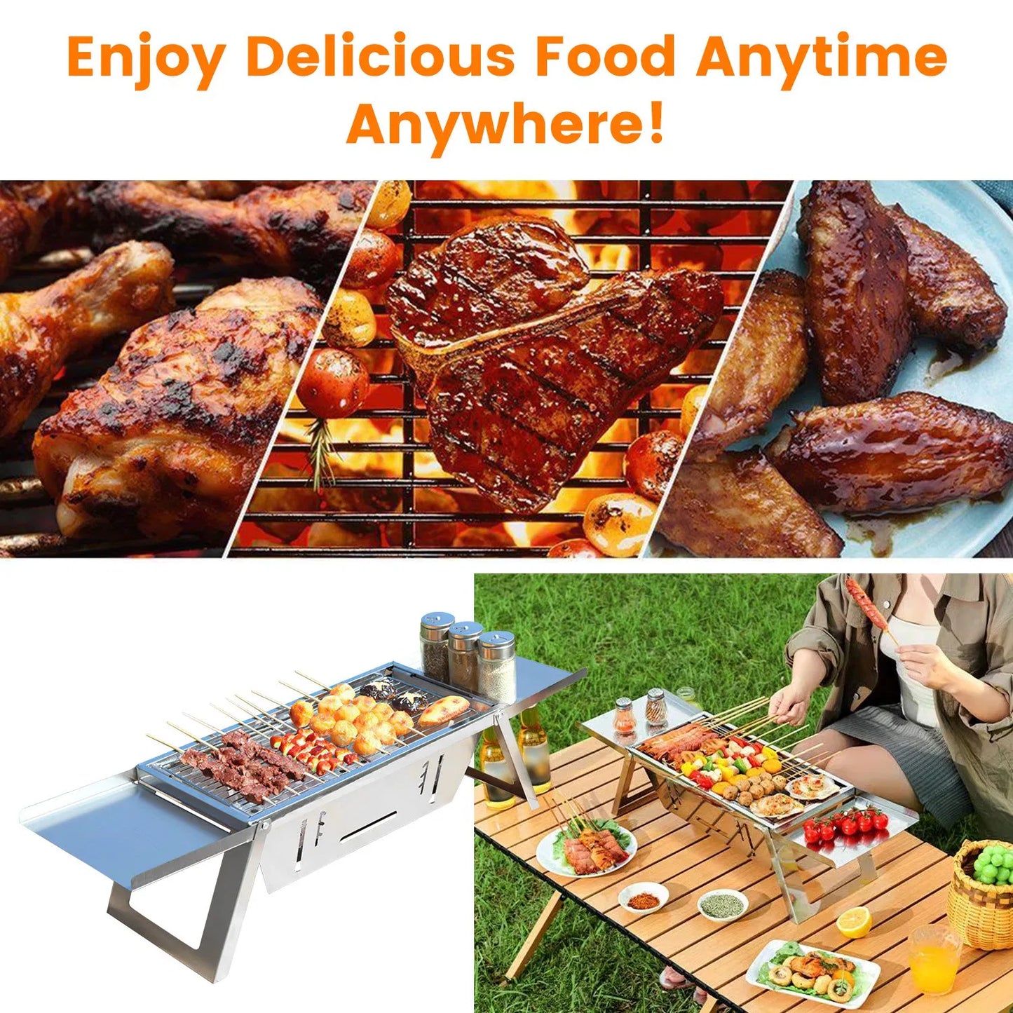 3-in-1 Portable Charcoal Grill & Fire Pit - Stainless Steel