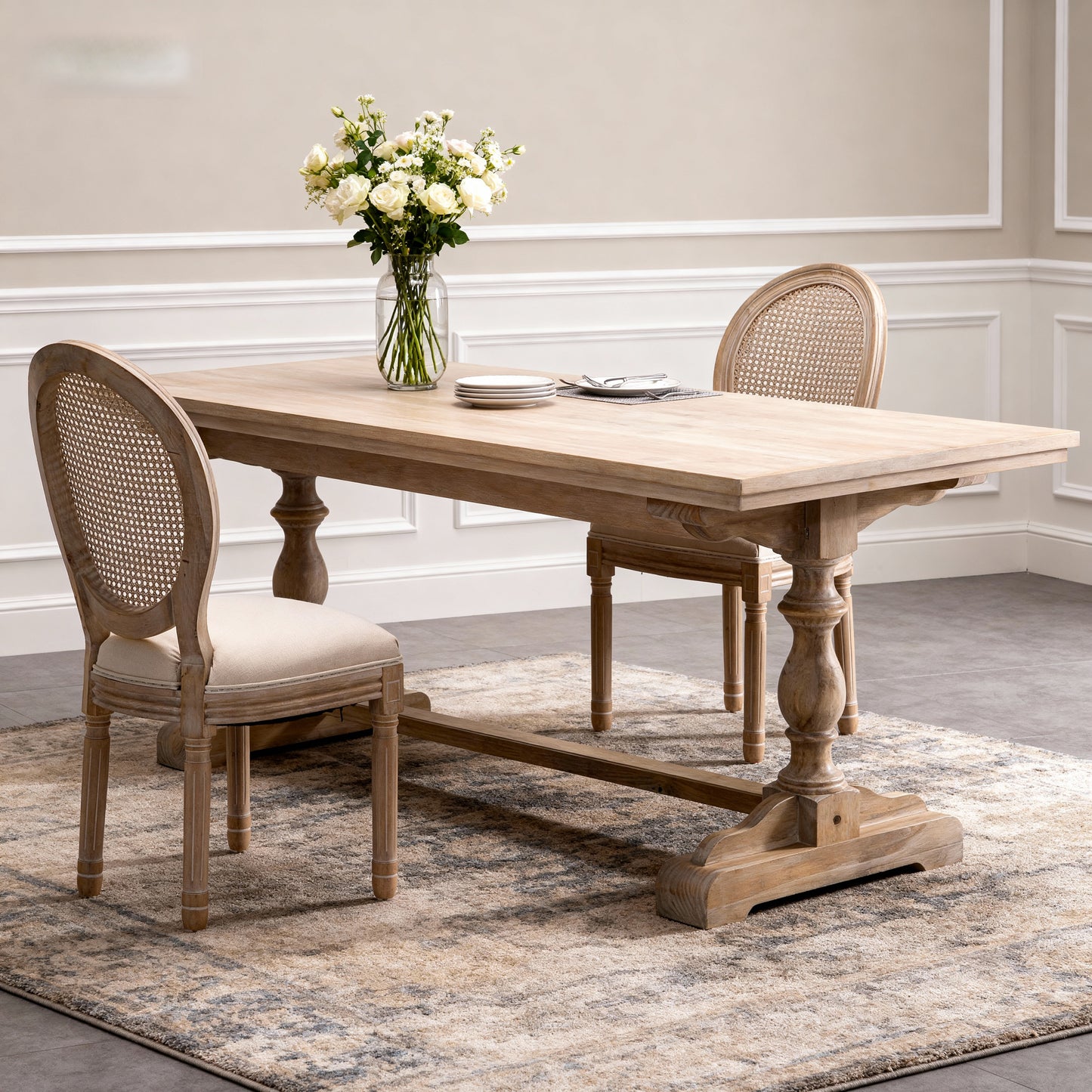 French Country Dining Chairs - Set of 2 Beige Wooden Frame