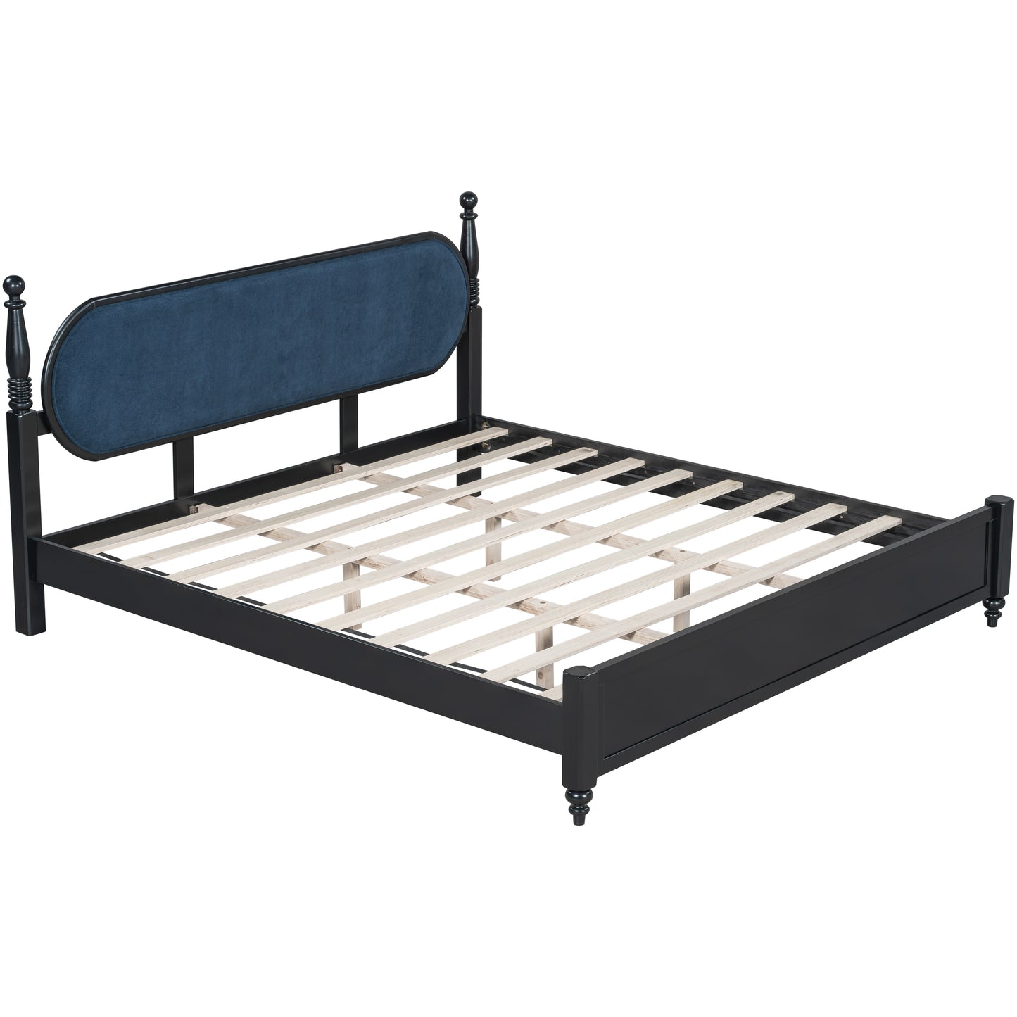 King Bed Frame - Solid Wood Platform, Modern Navy Blue & Black