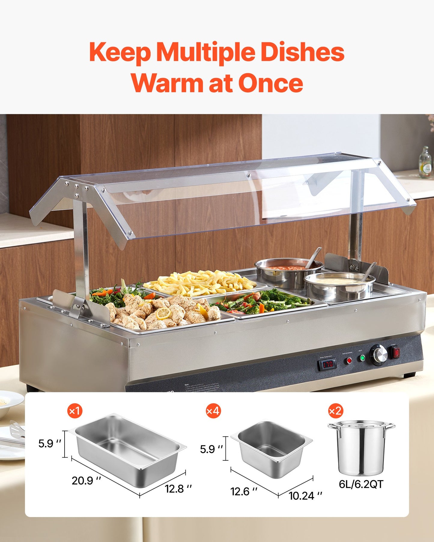 Commercial Soup Warmer Station with Cover - 2 Pots & 4 Pans, Silver