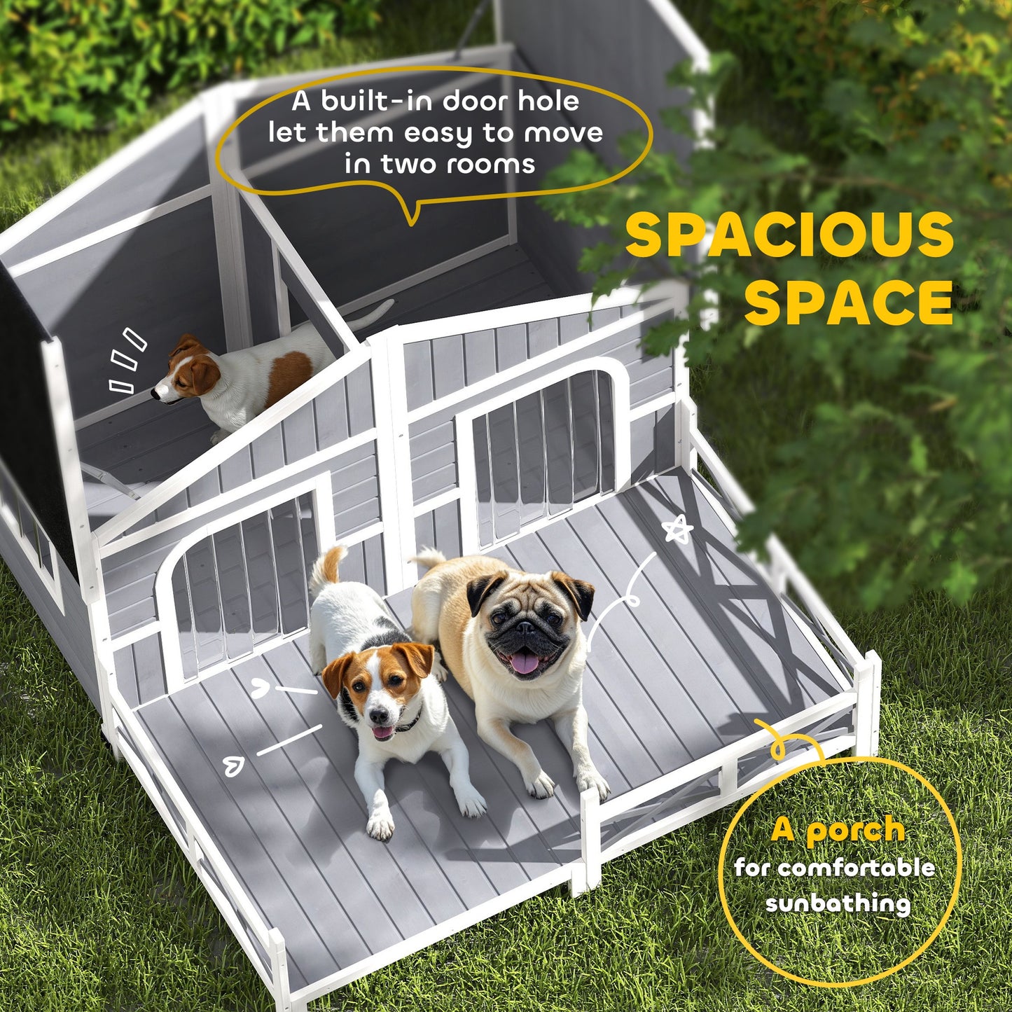 Outdoor Wooden Dog House with Porch & Double Room - Weatherproof Pet Shelter
