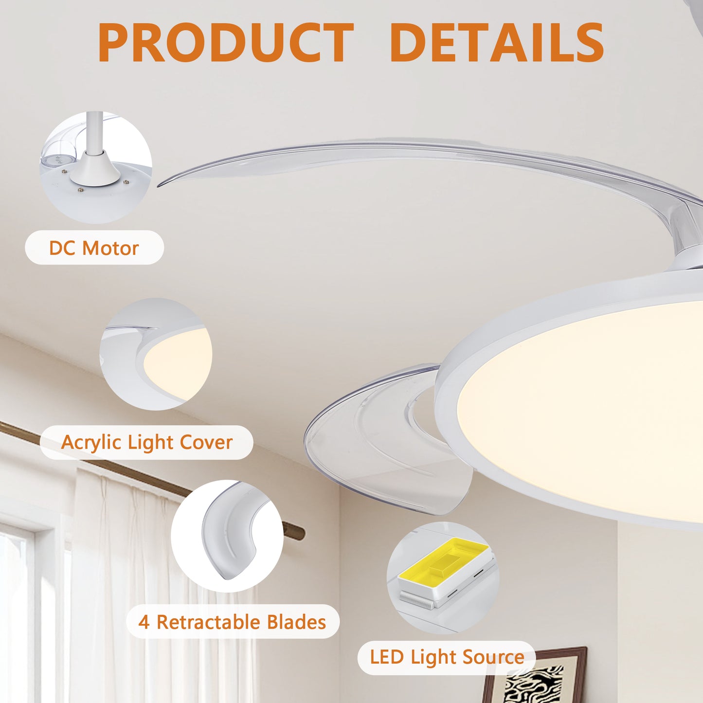 Retractable Ceiling Fan with Light and Remote Control - White