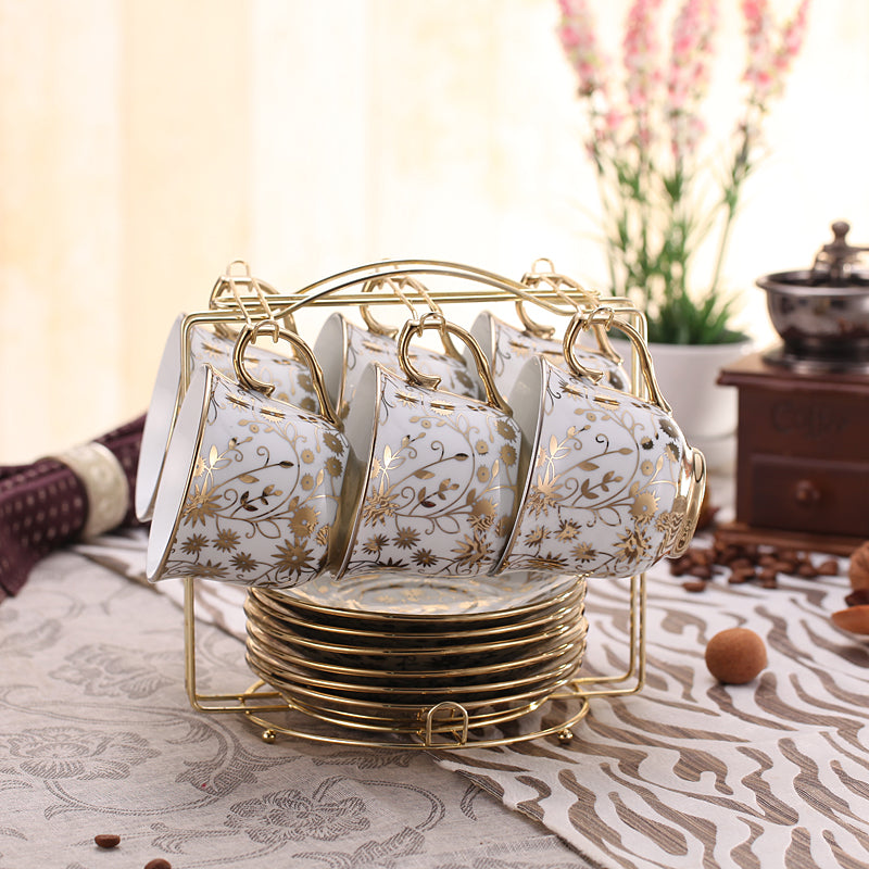 European-Style Bone China Coffee Set for 6 with Cups, Saucers & Rack - Housewarming Gift