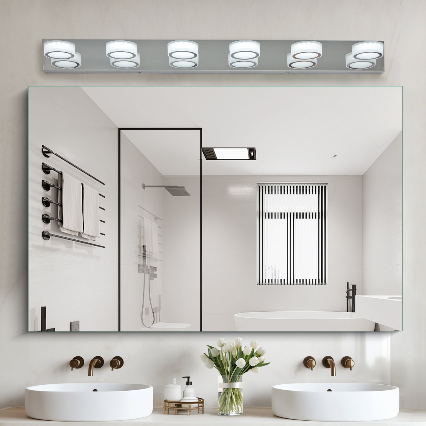 6-Light LED Vanity Light Fixture - Dimmable Chrome Bathroom Lighting