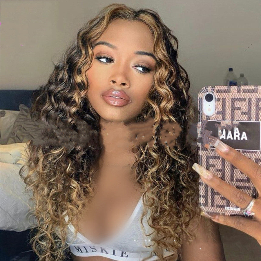 Long Curly Wig with Bangs - Black & Brown Gradient