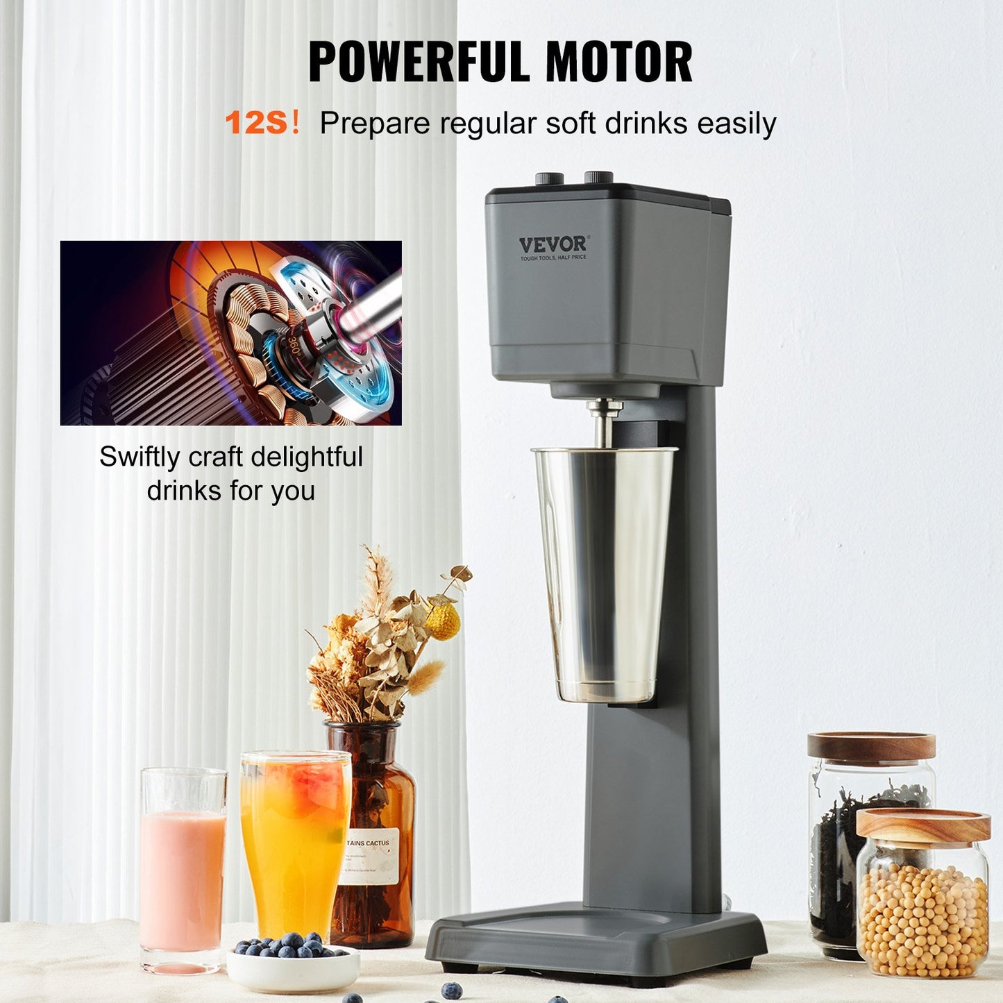Commercial Milkshake Maker Machine 375W with 3-Speed Stainless Steel Cup - Grey