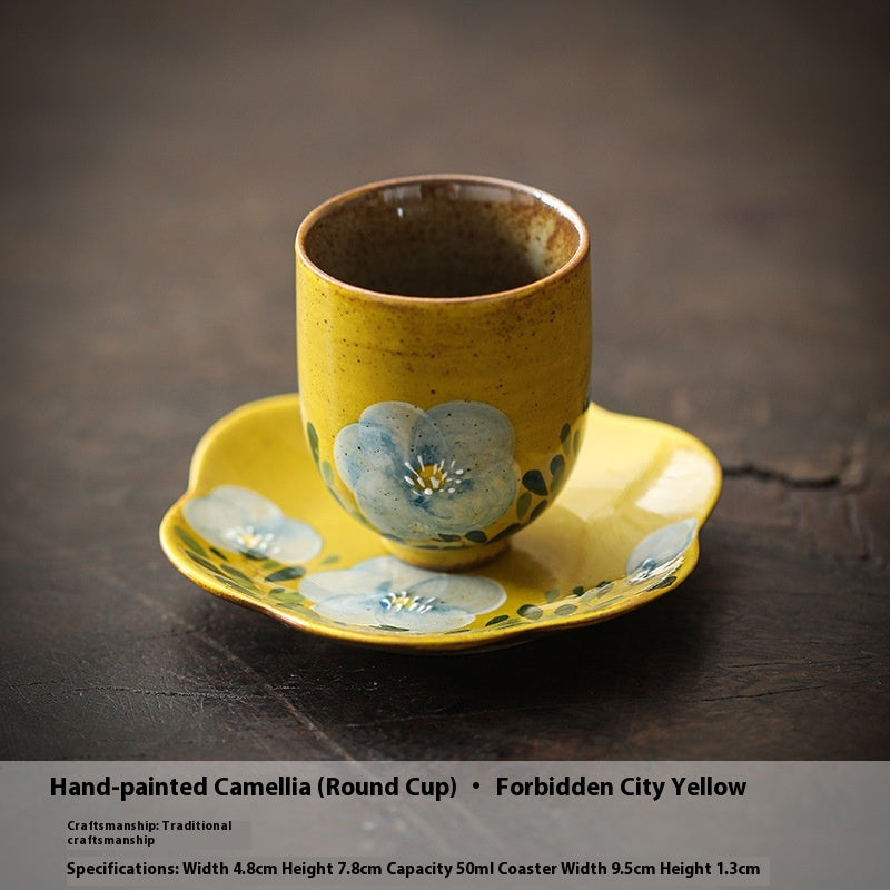 Hand Drawn Camellia Ceramic Cup and Coaster Set - 50ml Retro Kitchen Drinkware