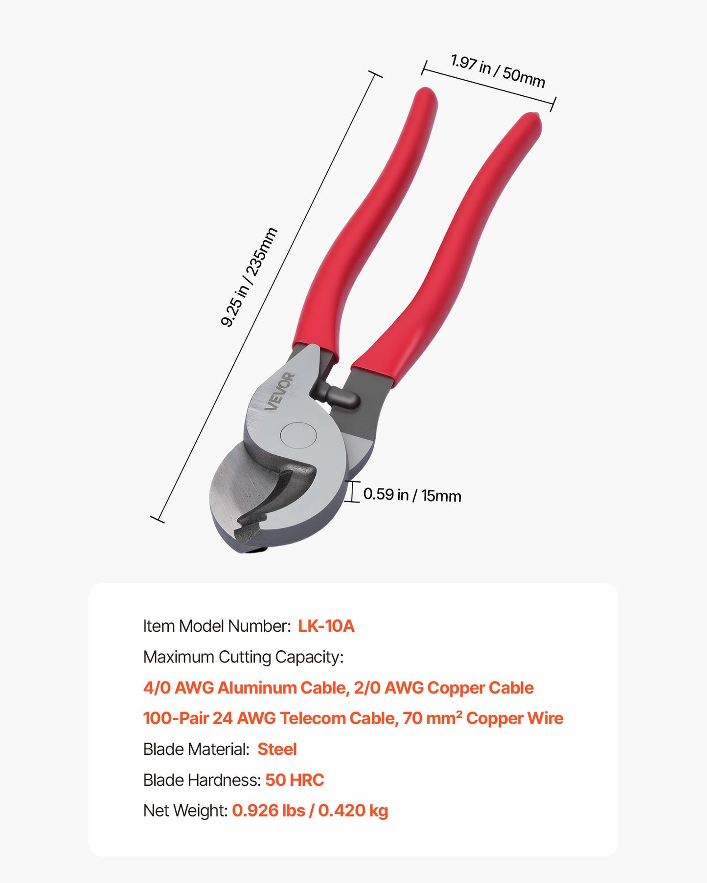 High Leverage Cable Cutter 9-1/4 Inch Heavy Duty Pliers for Aluminum Copper Wires