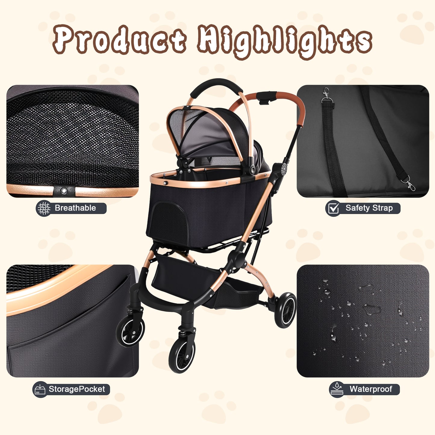 Pet Stroller for Dogs and Cats - Foldable 2-in-1 Detachable Design with Sun Canopy