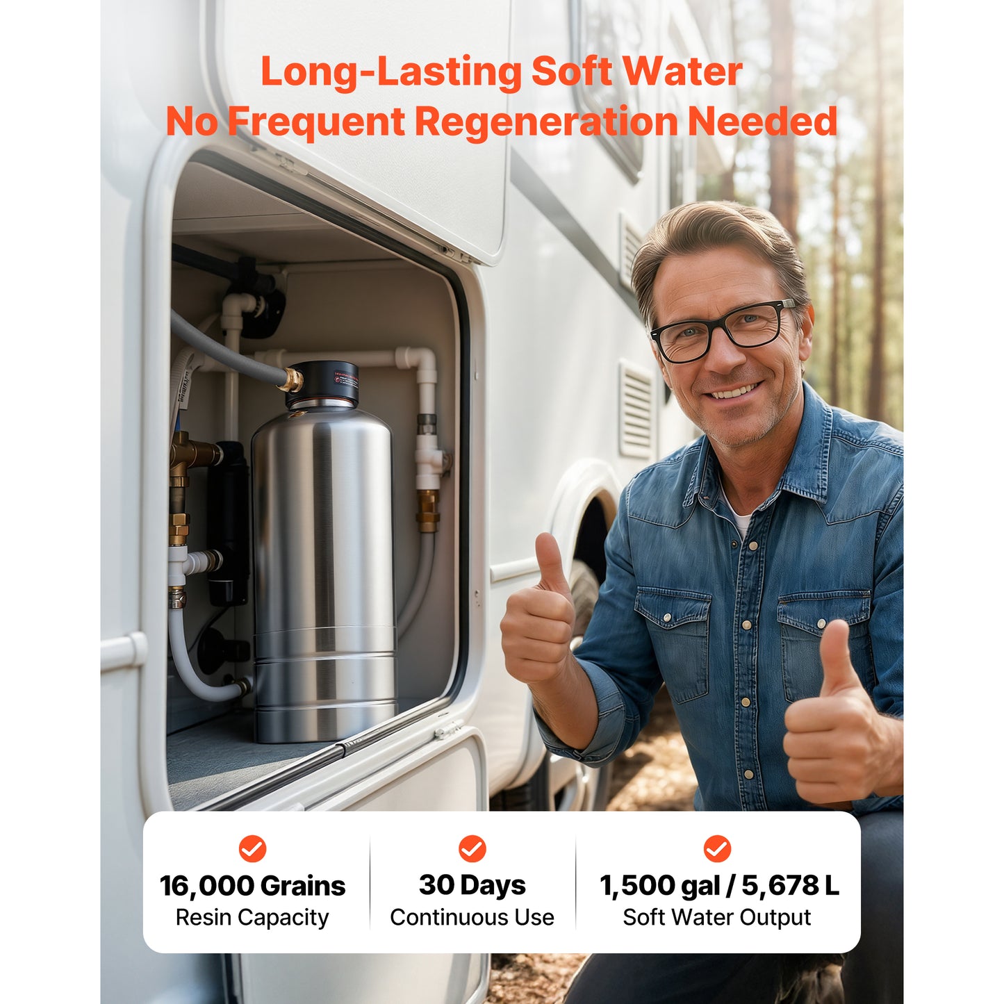 Portable RV Water Softener 16,000 Grain Food-Grade Resin Stainless Steel