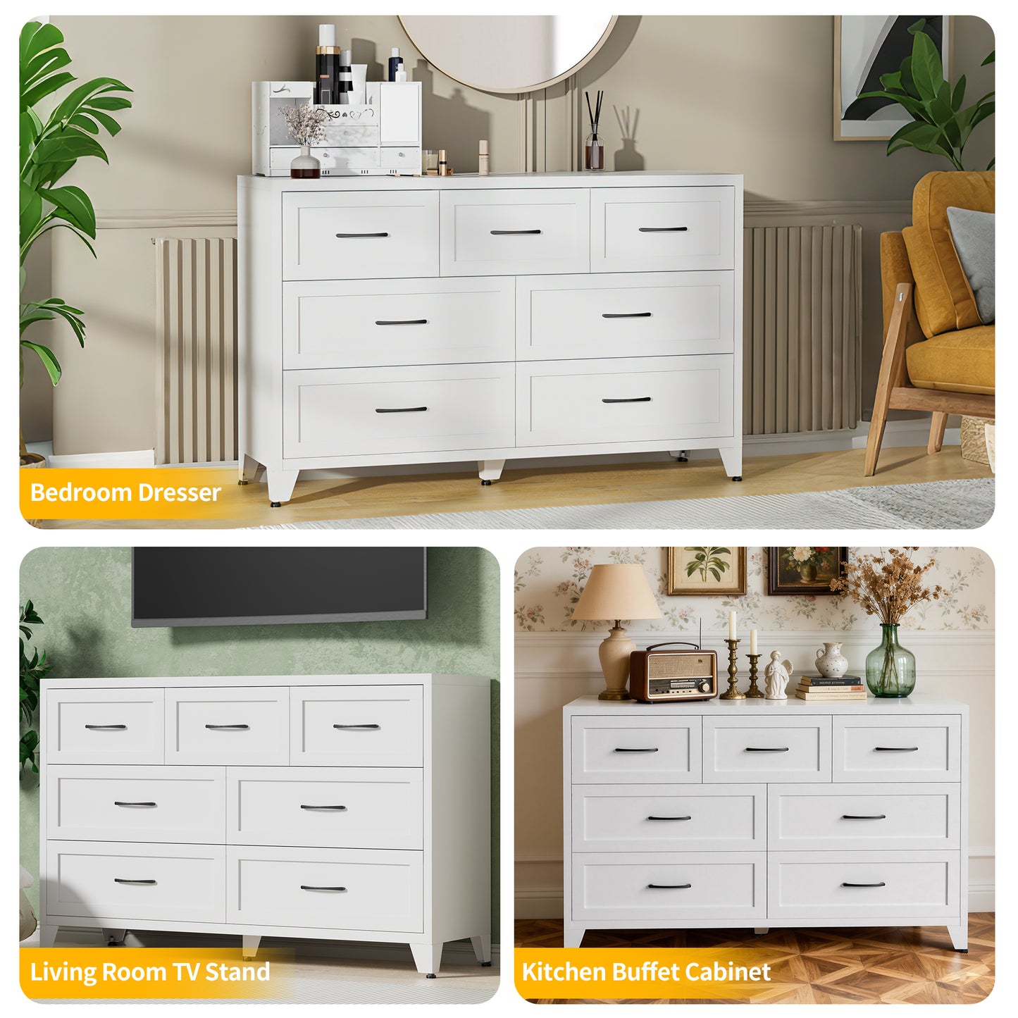 7-Drawer Dresser, Wide Low-Profile Storage Cabinet, White Metal Chest