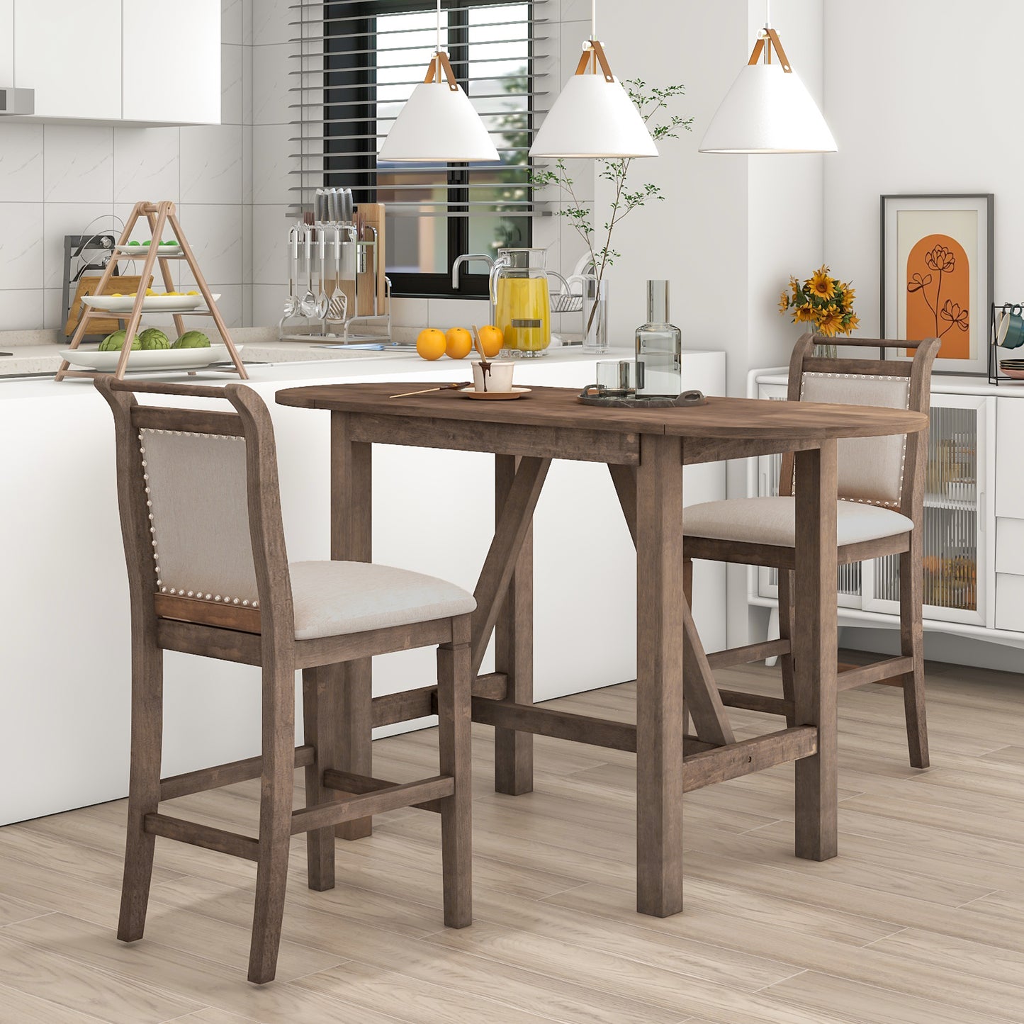 Wood Counter Height Drop Leaf Dining Table Set with 2 Chairs - Brown