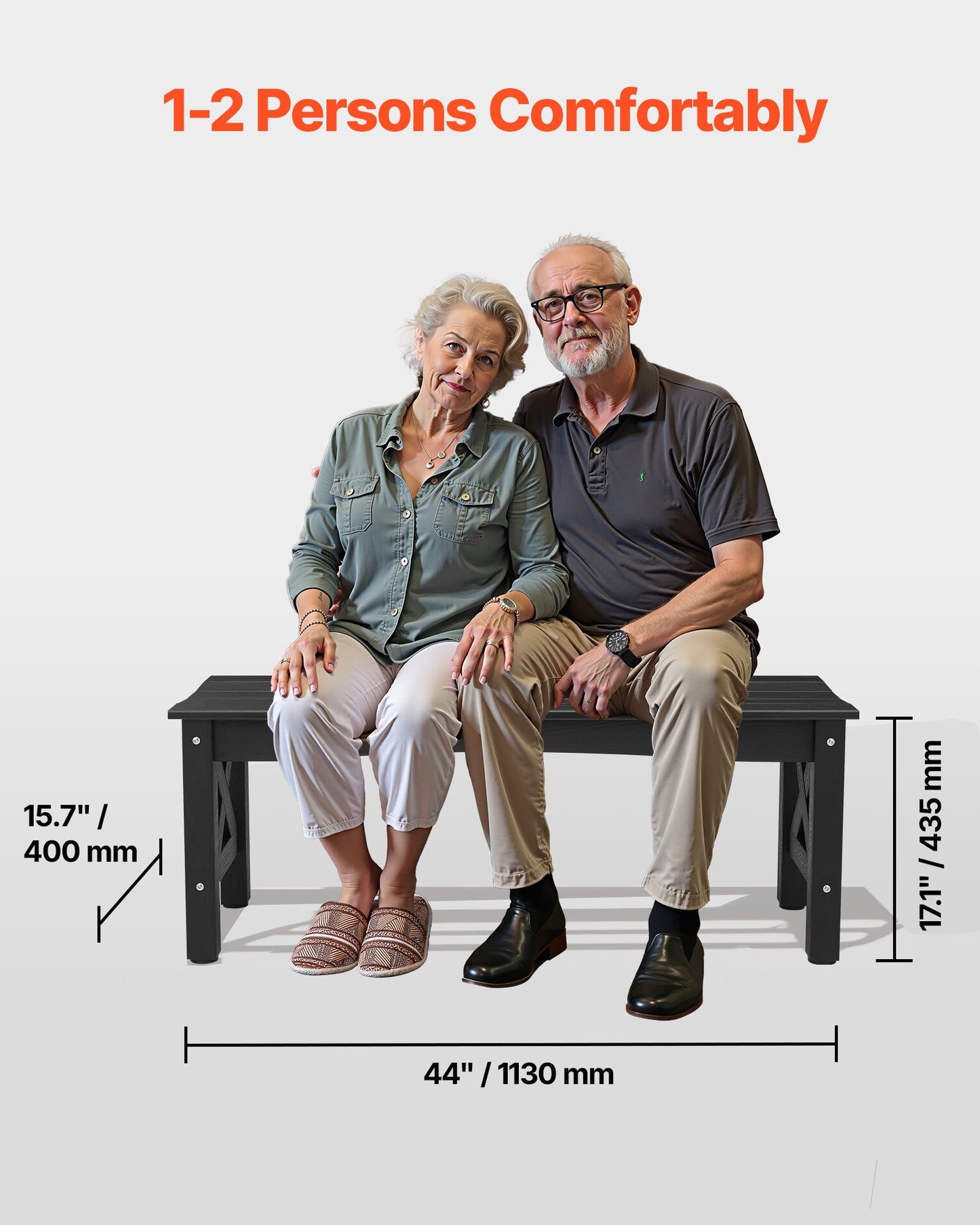Weatherproof Outdoor Bench 44.5 Inch Plastic Patio Seating Black Supports 600 Lbs