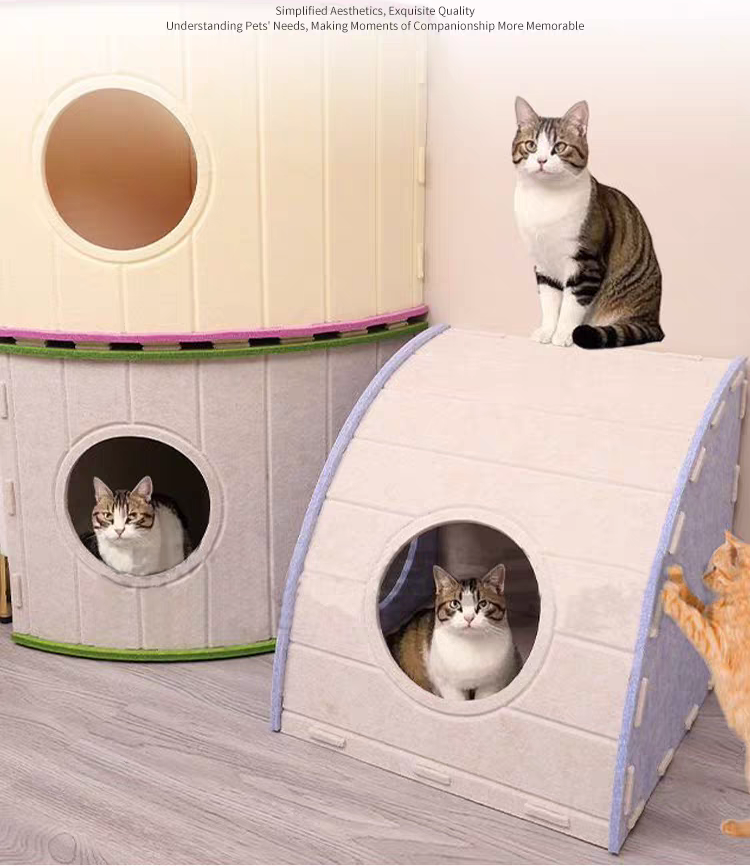 Four-Season Felt Fan-Shaped Cat Villa - Large Enclosed Scratch-Resistant Pet Bed for Multi-Cat Indoor Use - Coffee