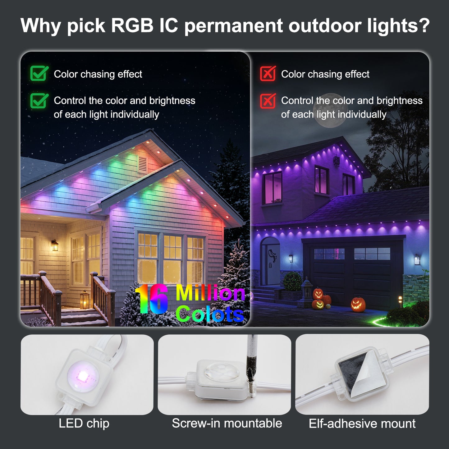 50ft RGB Waterproof Outdoor Eaves Lights with App & Remote for Holiday & Party Decor