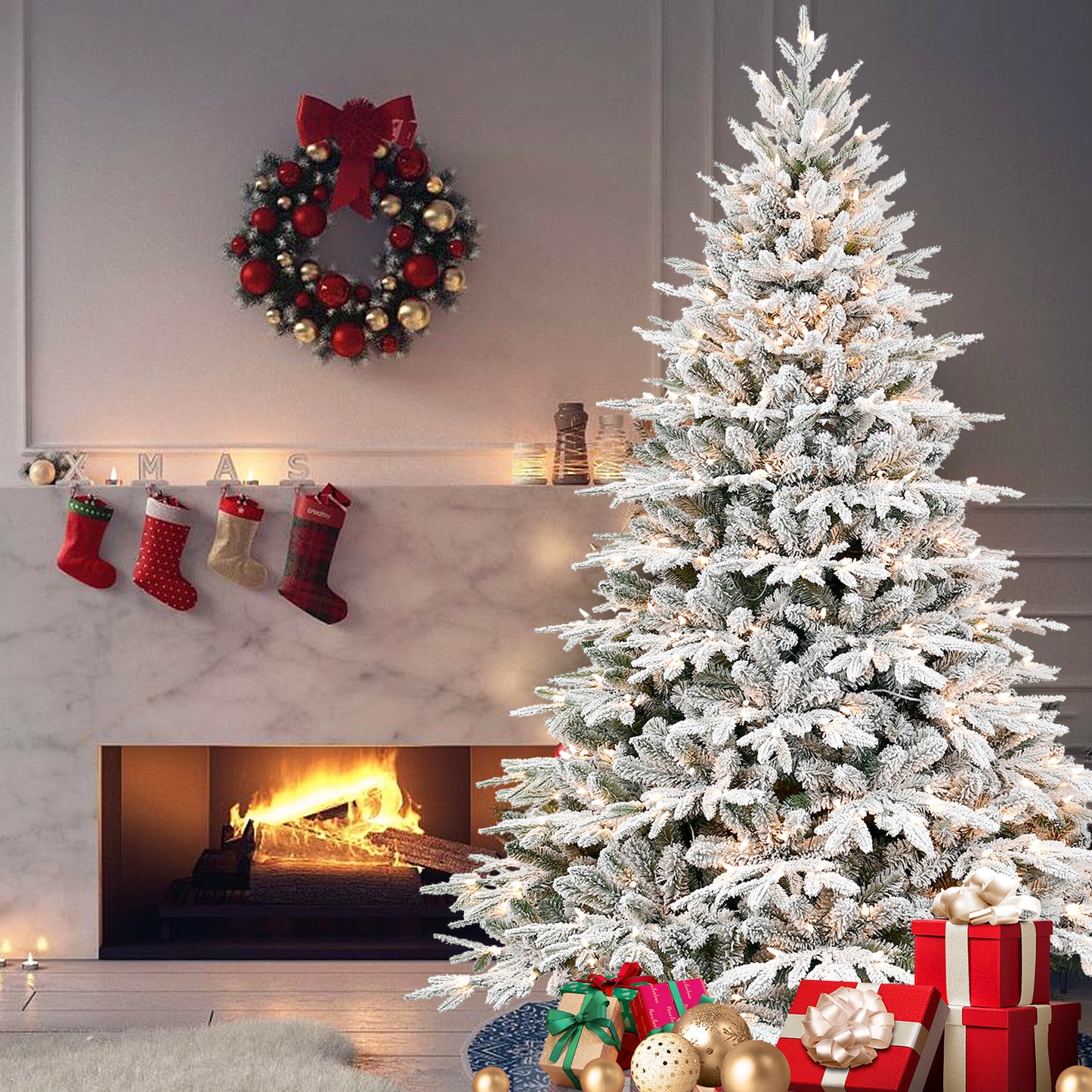 Christmas Tree with Lights - PE/PVC Flocking, Multiple Heights