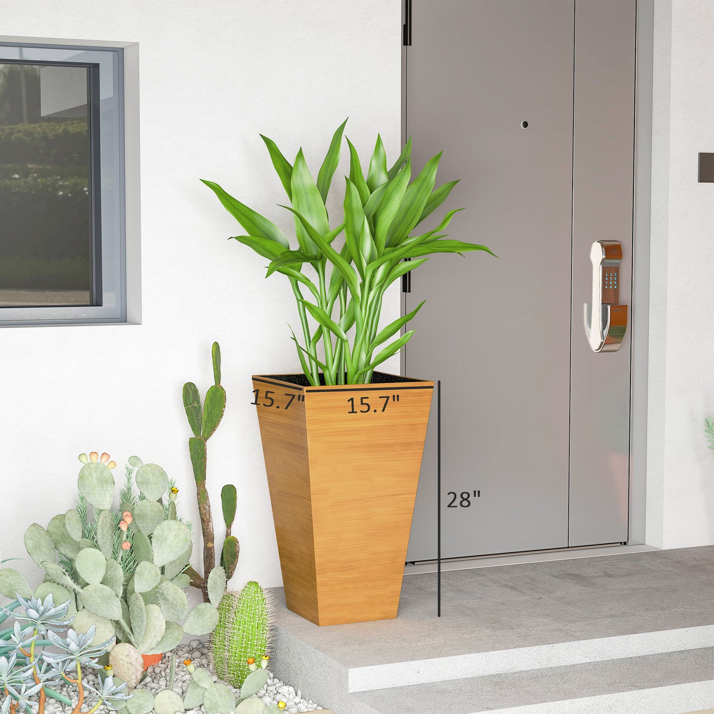 Set of 3 Tall Outdoor Planters 28 Inches with Drainage Holes Faux Wood Look