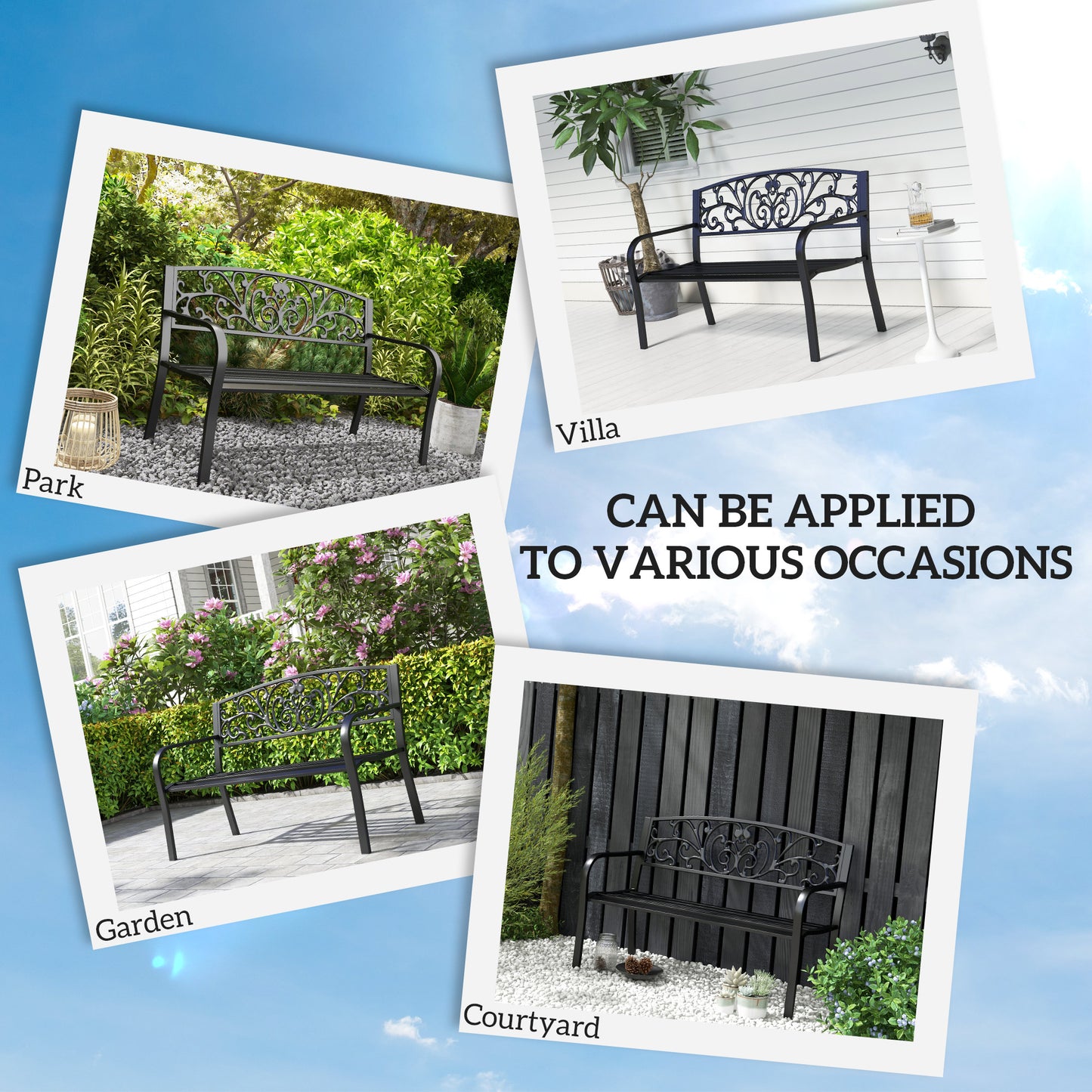 50" Floral Design Garden Patio Bench - Comfortable Black Steel