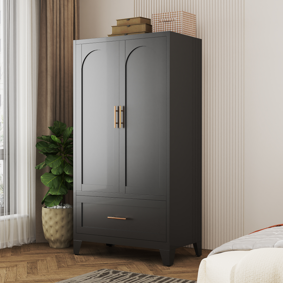 60-Inch Tall Metal Wardrobe Cabinet with Drawer and Shelf - Black
