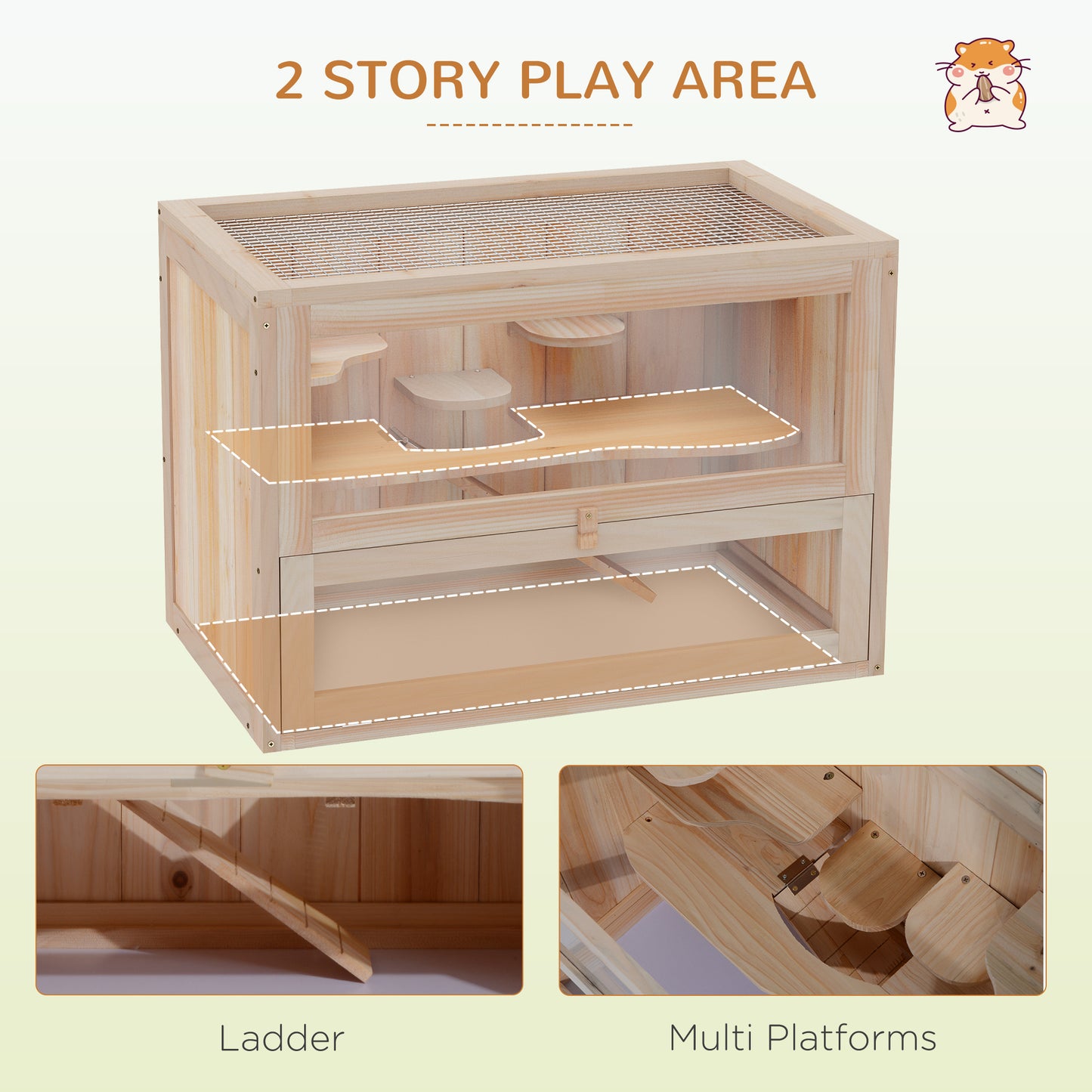 Wooden Multi-Level Small Animal Cage for Hamsters Mice and Rodents - Natural Finish