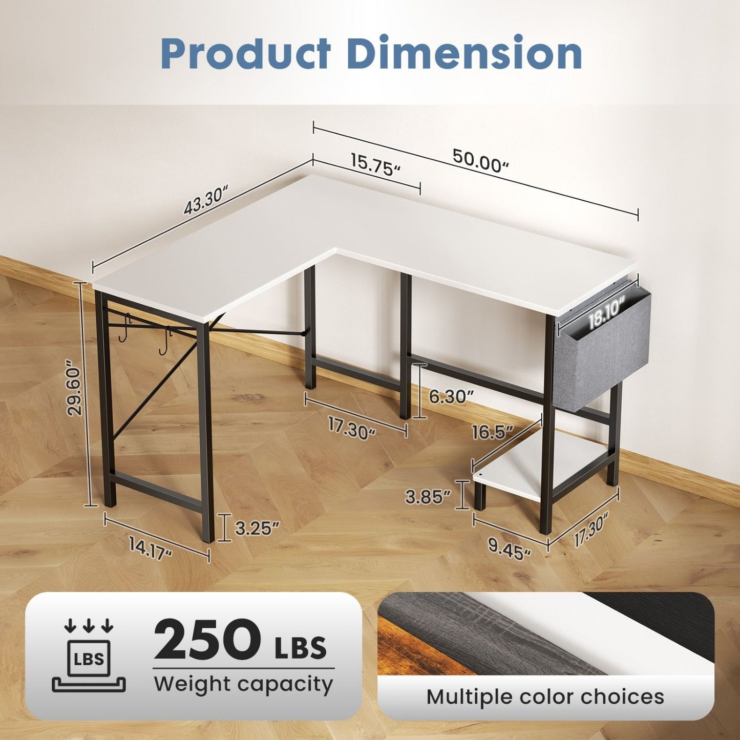 L-Shaped Computer Desk with Storage Bag & CPU Holder - 49IN